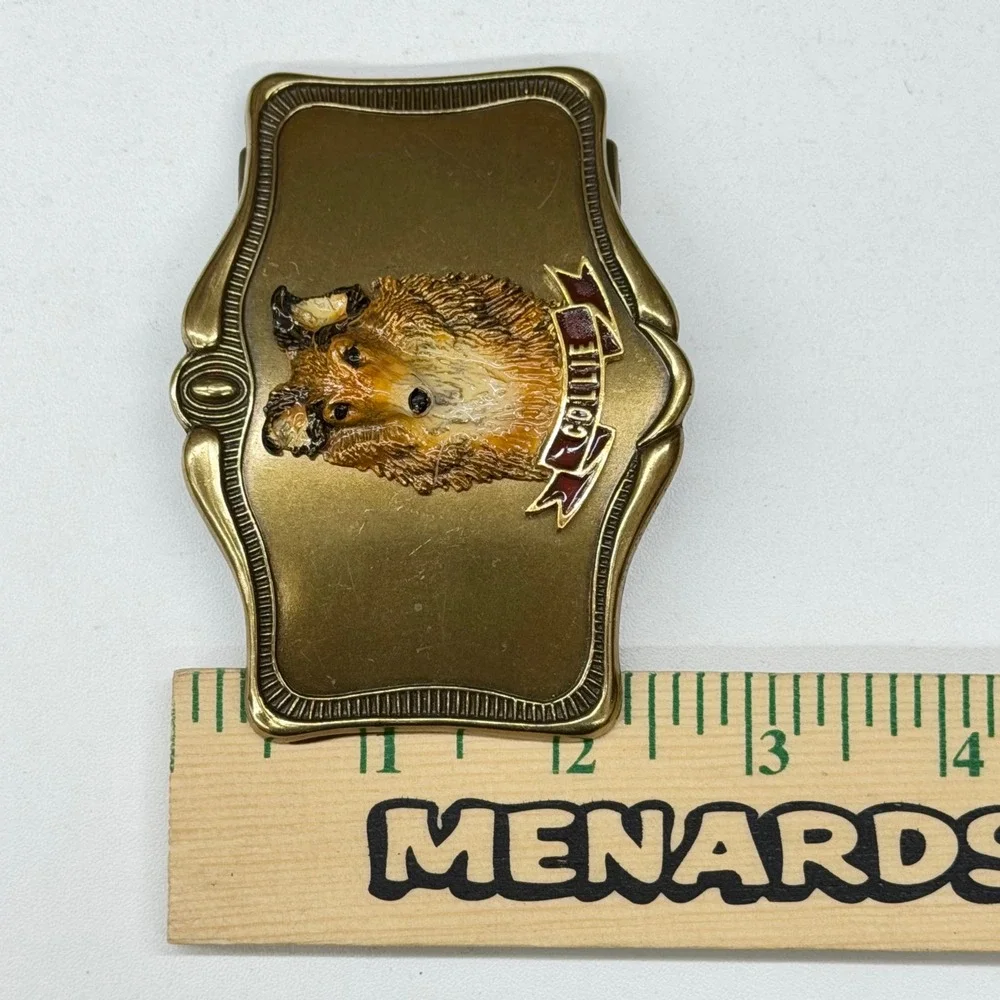 Vtg 1978 AHM Collie Dog Brass Belt Buckle‎ Enamel 3D Relief Animal Collectible